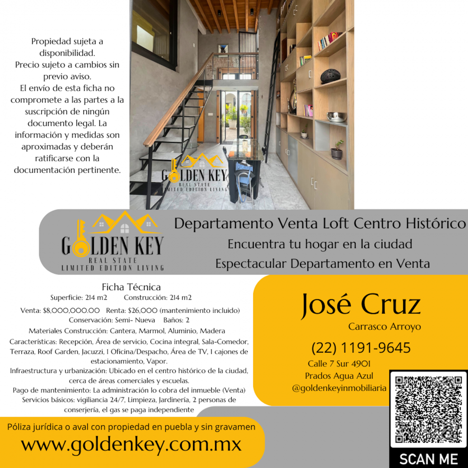 Departamento Loft en Centro Historico "La Virgen" en Venta/Renta