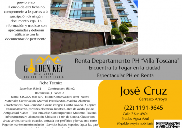 Renta Departamento PH en "Villa Toscana" Lomas de Angelopolis 3 Recamaras